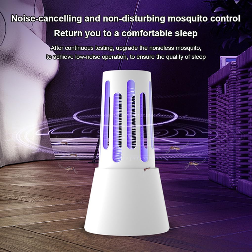 Lampada zanzariera elettrica bianca con tubi viola accesi e base rotonda.