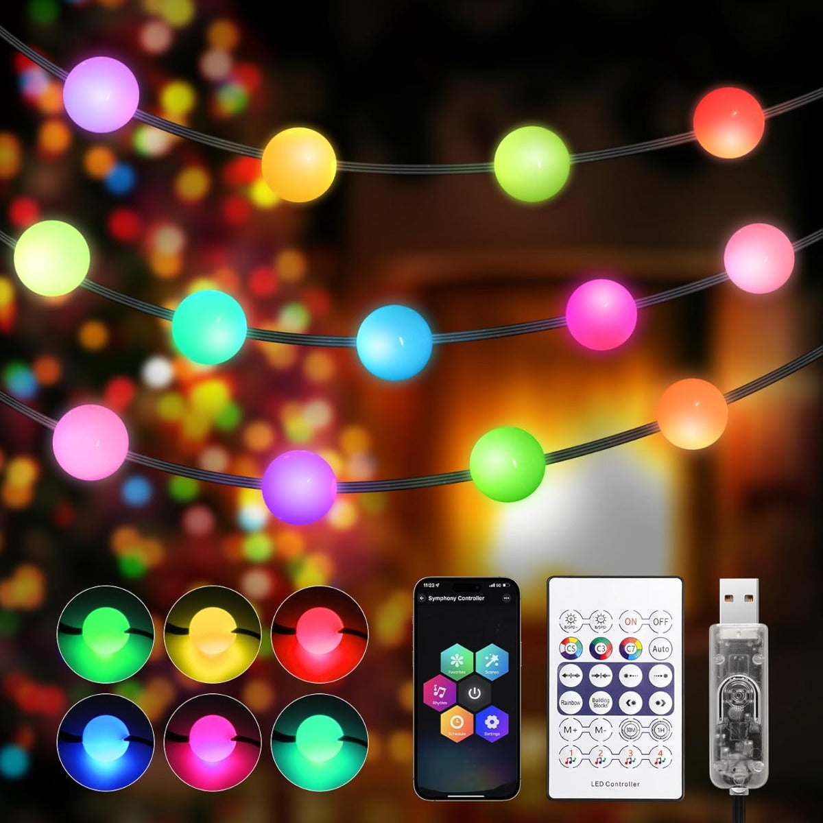 Catena di luci LED decorative con sfere RGB multicolore su fili sottili