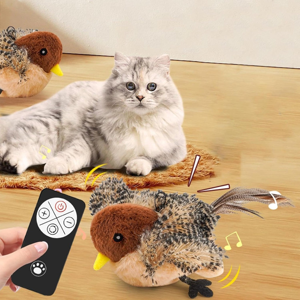 Giocattolo per gatti a forma di uccello in peluche marrone e grigio, con telecomando