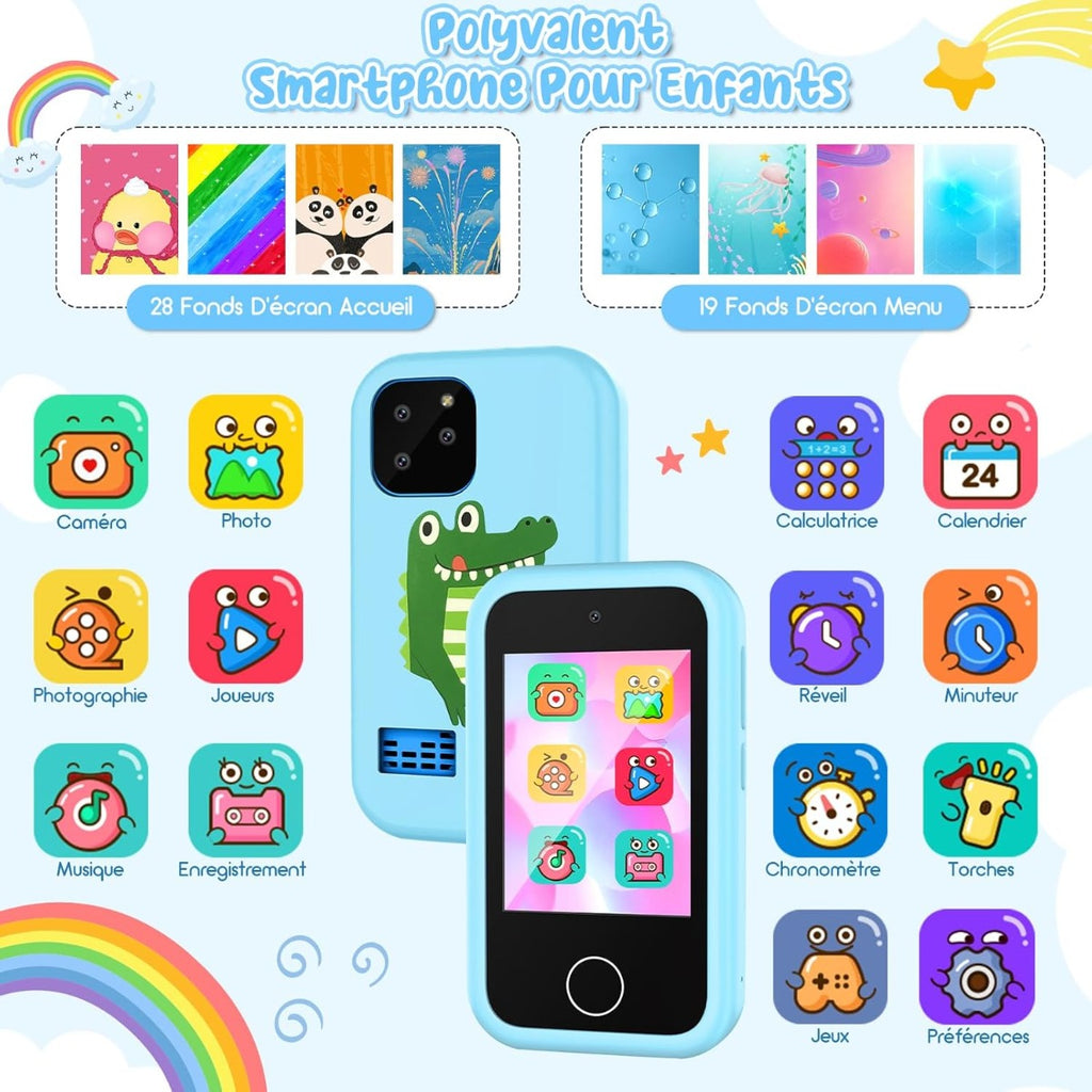 Telefono per bambini azzurro con icone multimediali e display a colori