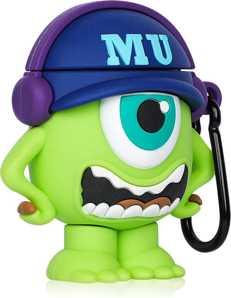 Custodia AirPods aliena verde con cappello blu, scritta MU e moschettone nero