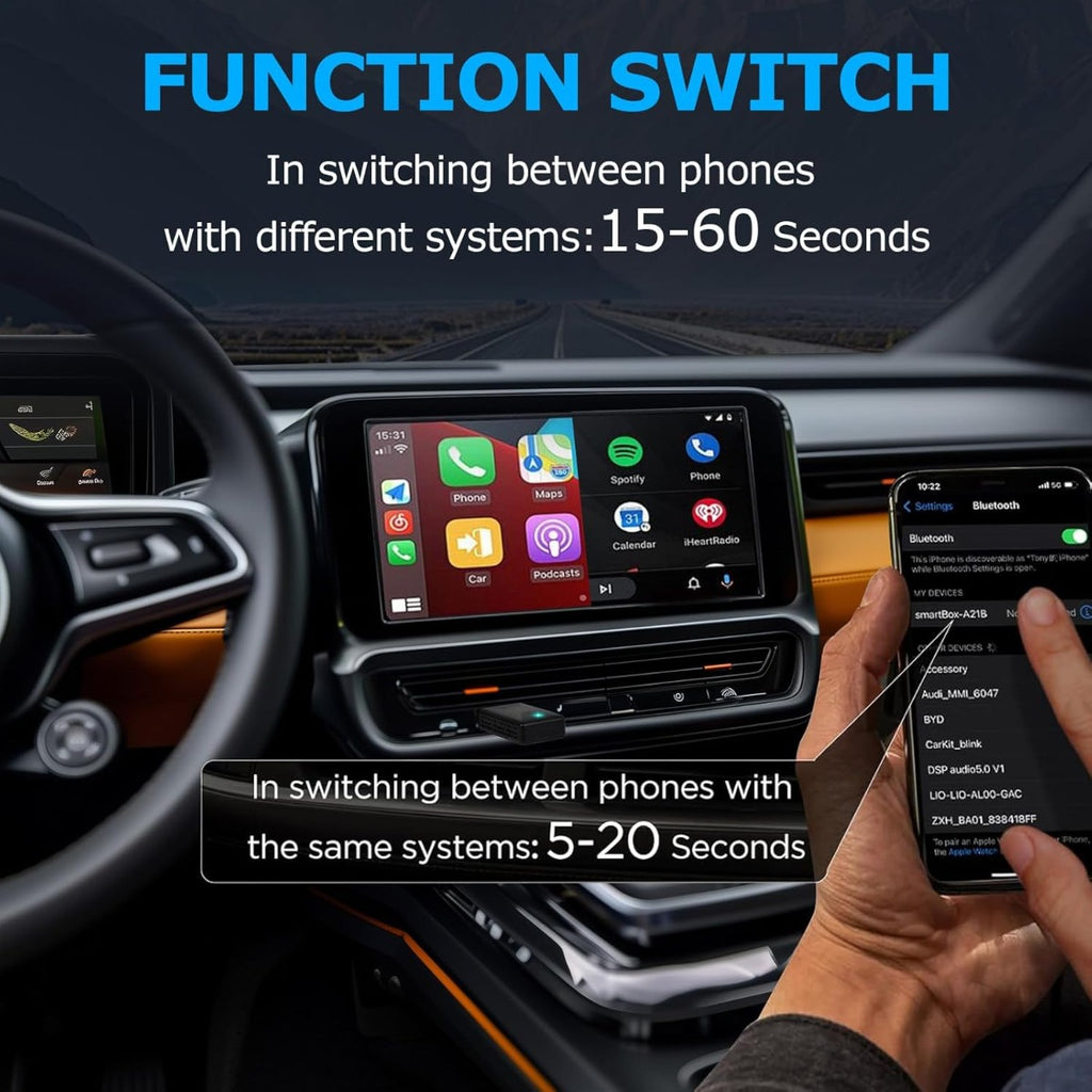 Adattatore wireless 2 in 1 in auto con commutazione tra schermate su display centrale