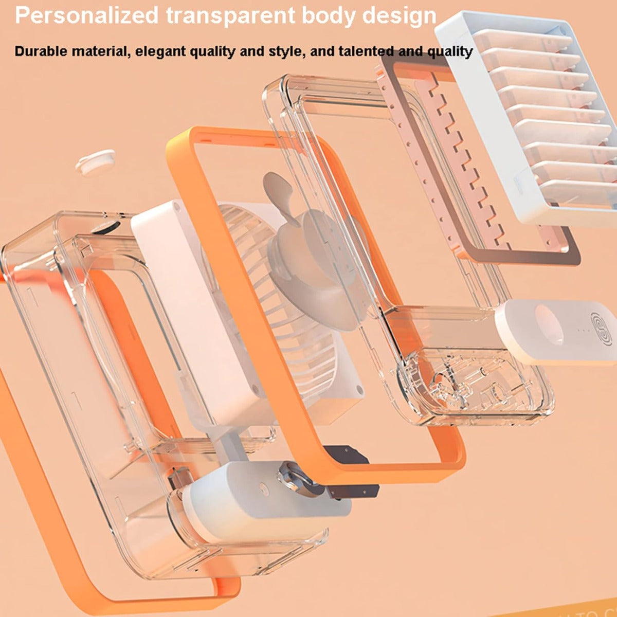 Condizionatore portatile da tavolo con umidificatore, corpo trasparente arancione, componenti visibili