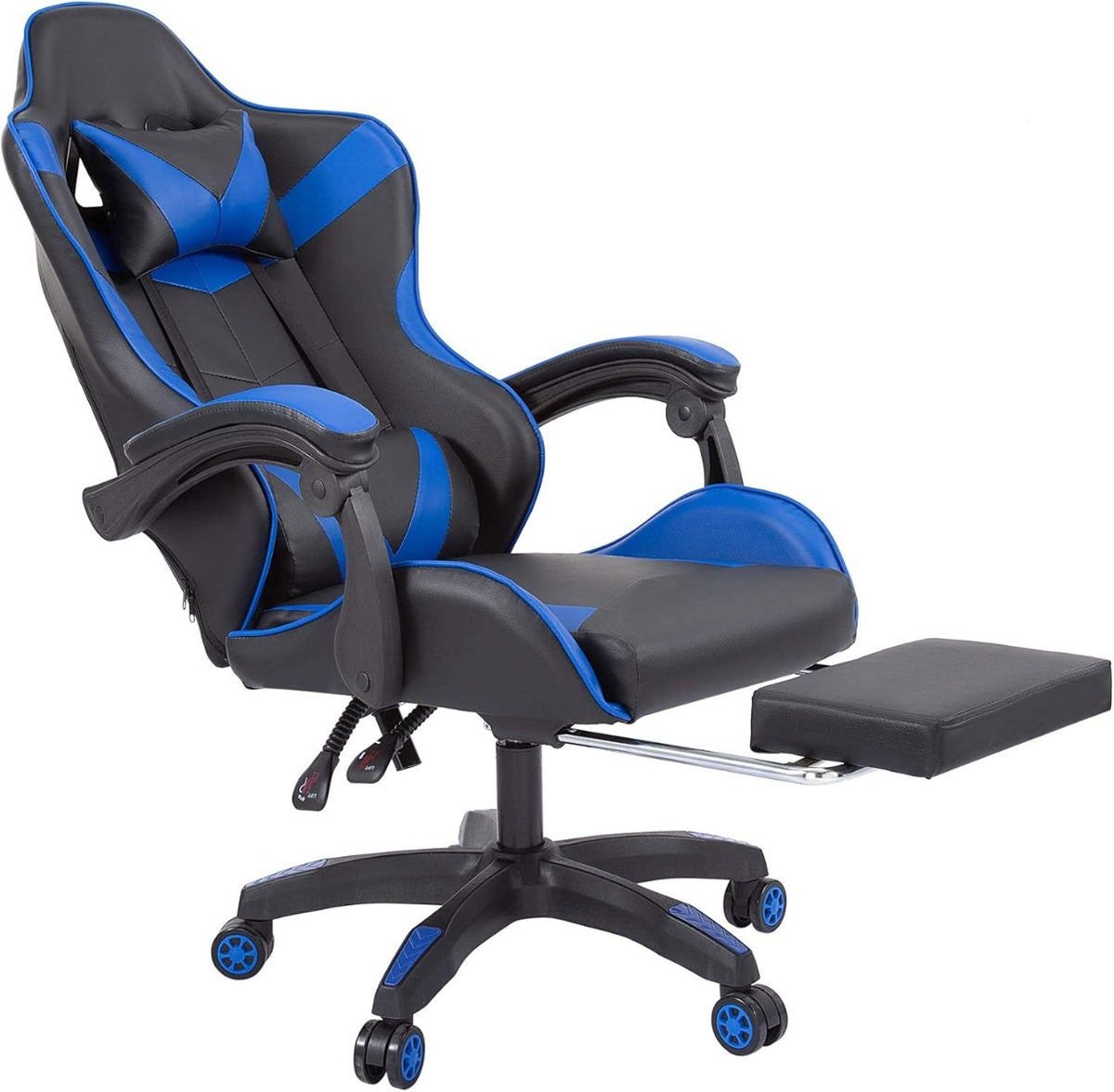 Poltrona gaming blu reclinabile con poggiapiedi estraibile e cuscini lombare e cervicale