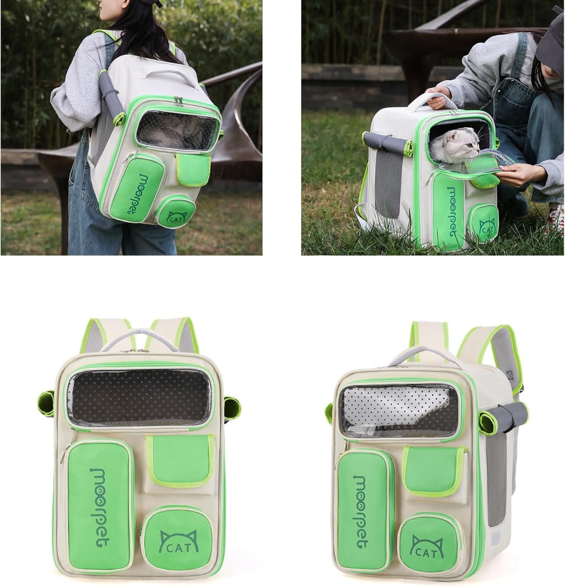 Zaino per animali beige con dettagli verdi, viste multiple: portello in rete e tasche