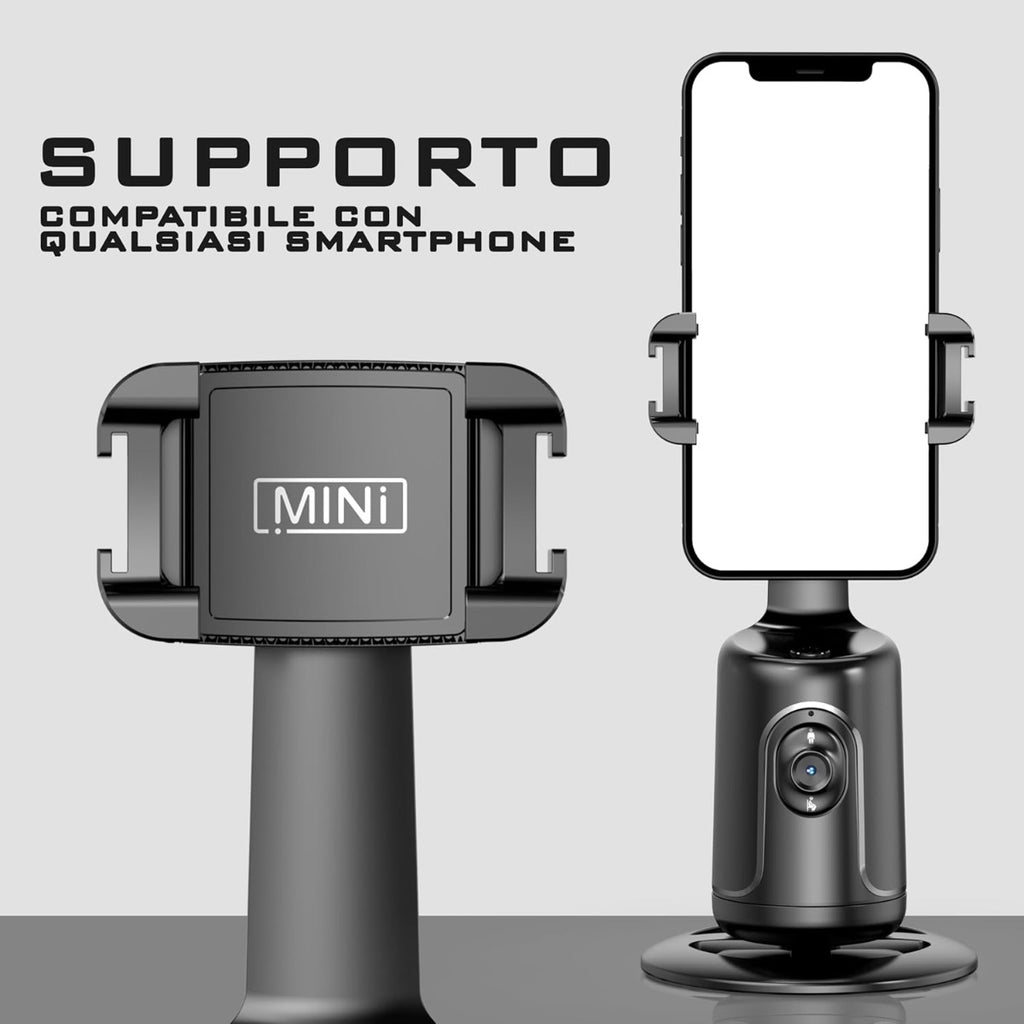 Stabilizzatore per smartphone nero con morsetto e telefono in posizione verticale