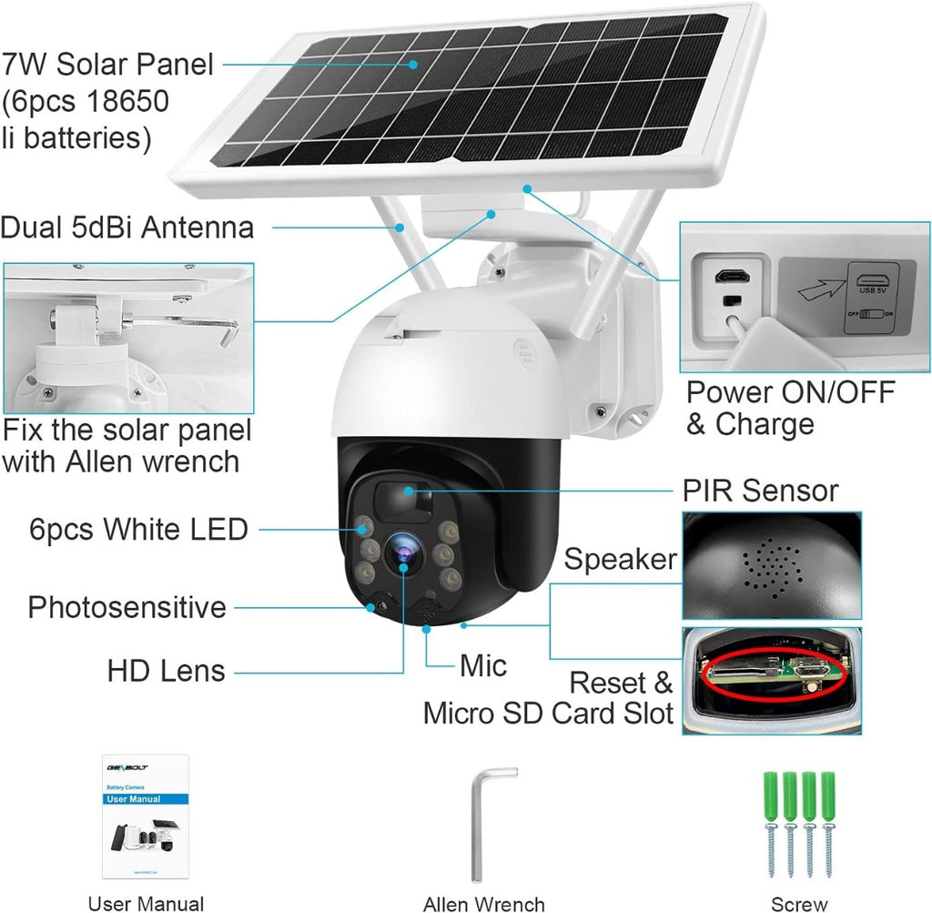 Telecamera solare wireless con pannello solare e cupola nera, vista ravvicinata