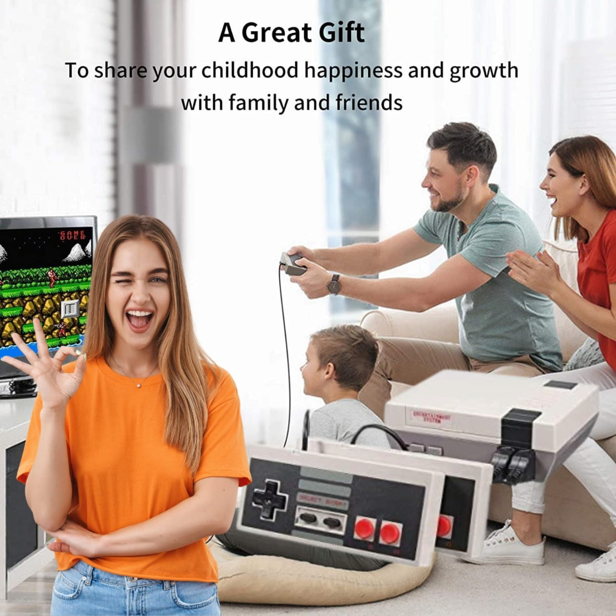 Console retrò portatile bianca con due controller, appoggiata su divano