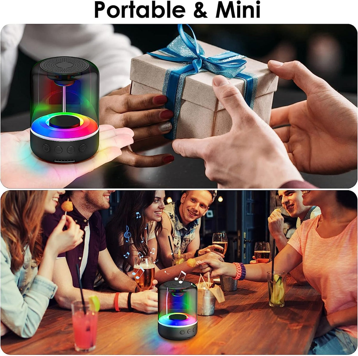 Mini altoparlante Bluetooth con luce LED RGB circolare e corpo nero