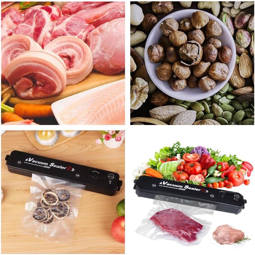 Macchina per sottovuoto alimentare nera con sacchetti sigillati per carne e pesce