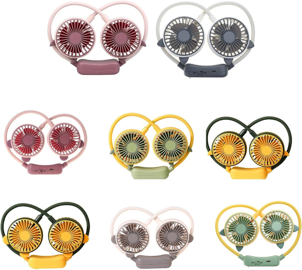 Ventilatore da collo a doppia testa multicolore con griglie circolari delle pale.