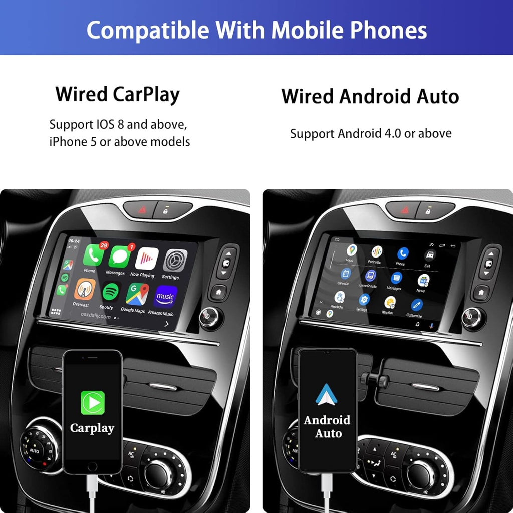 Adattatore via cavo CarPlay/Android Auto con schermate su autoradio in auto