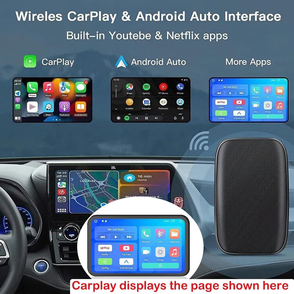 Scatola CarPlay wireless nera per auto, vista laterale accanto al cruscotto