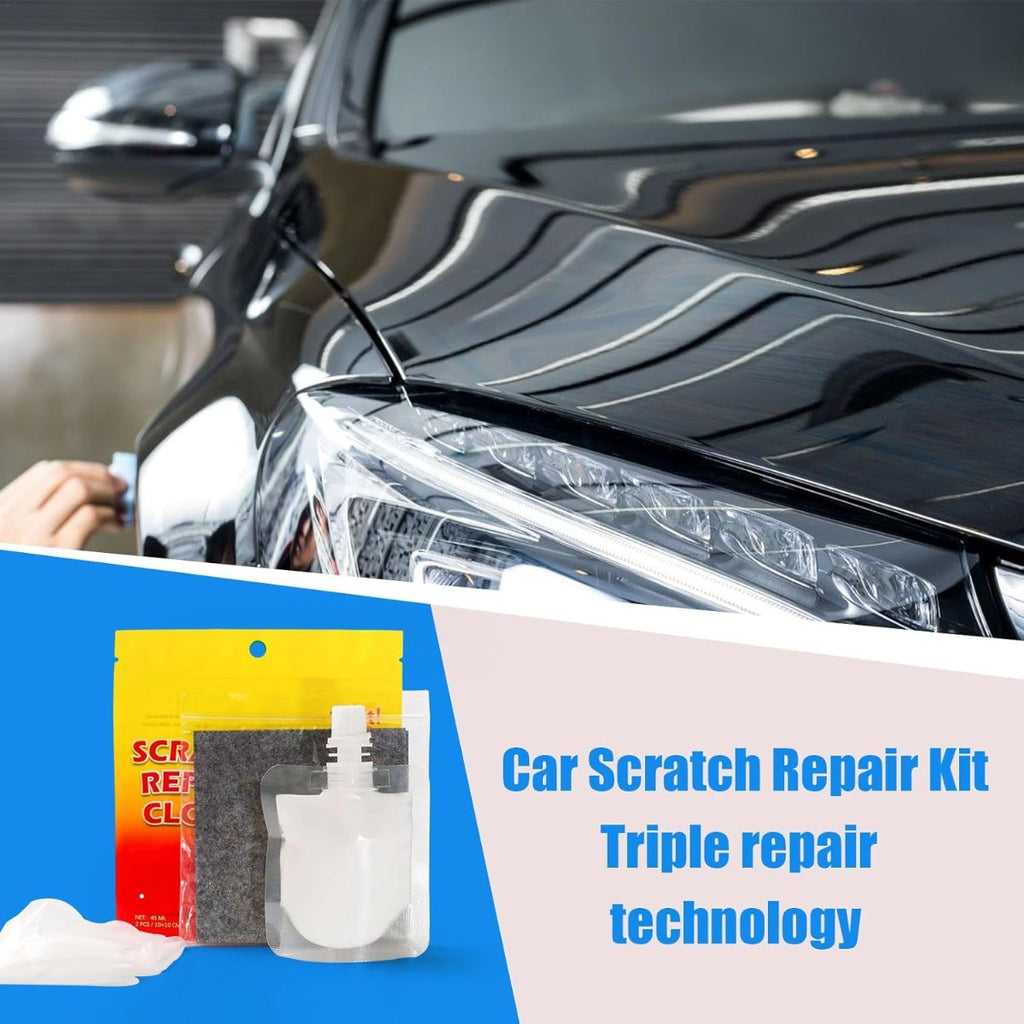 Kit riparazione graffi auto con bustina gialla e panni, grafica tecnologia riparazione