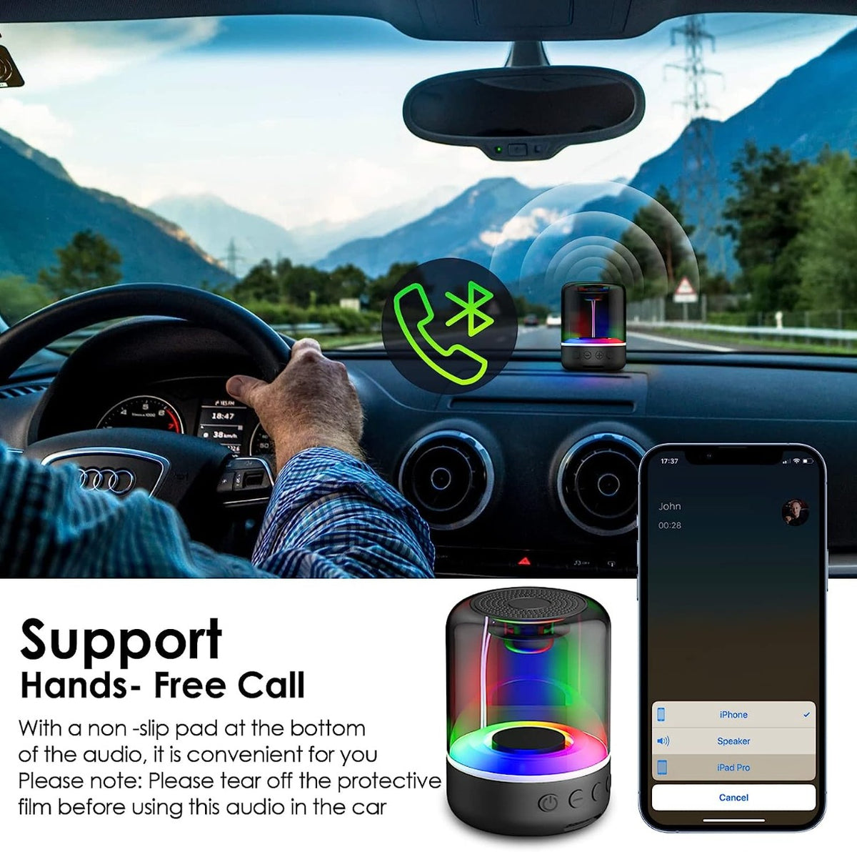 Mini cassa Bluetooth con luce LED RGB e griglia superiore, supporto chiamate