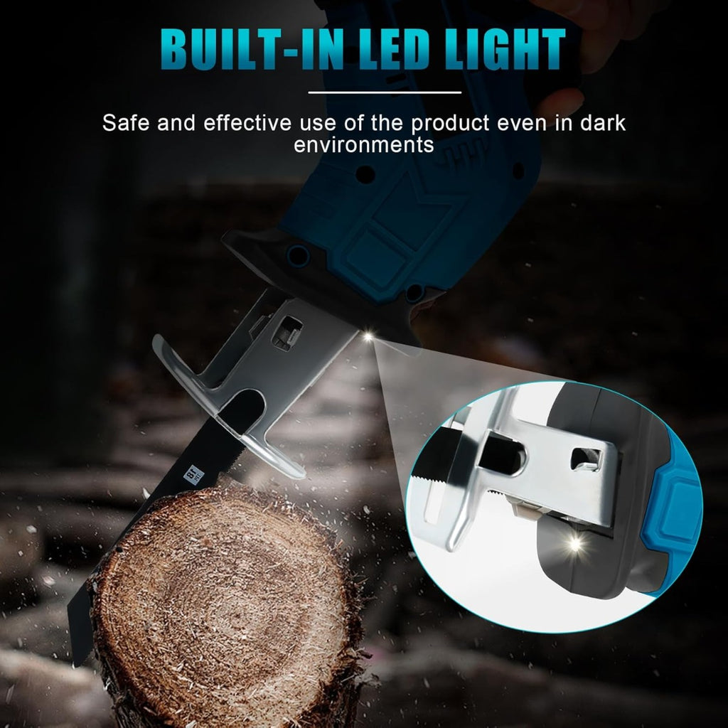 Seghetto Alternativo a Batteria 48V Portatile con 4 Lame – Sega Elettrica Multifunzione per Legno, Metallo e PVC con Luce LED, Motore Potente e Valigetta