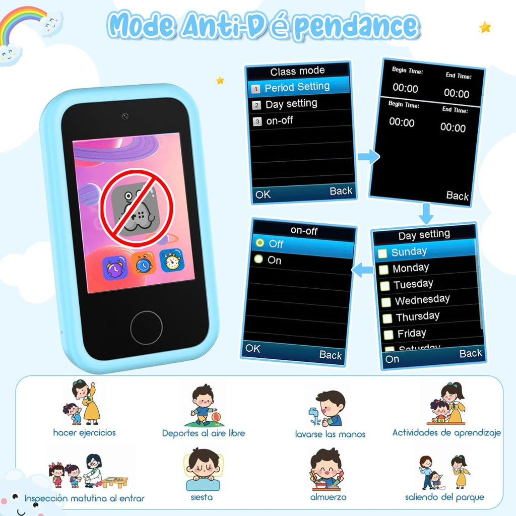 Telefono per bambini azzurro con schermata menu e opzione modalità
