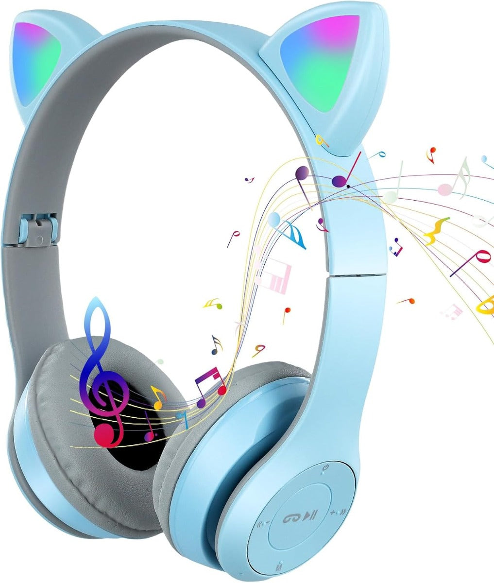 Cuffie Bluetooth over-ear azzurre con pad grigi e orecchie da gatto LED arcobaleno