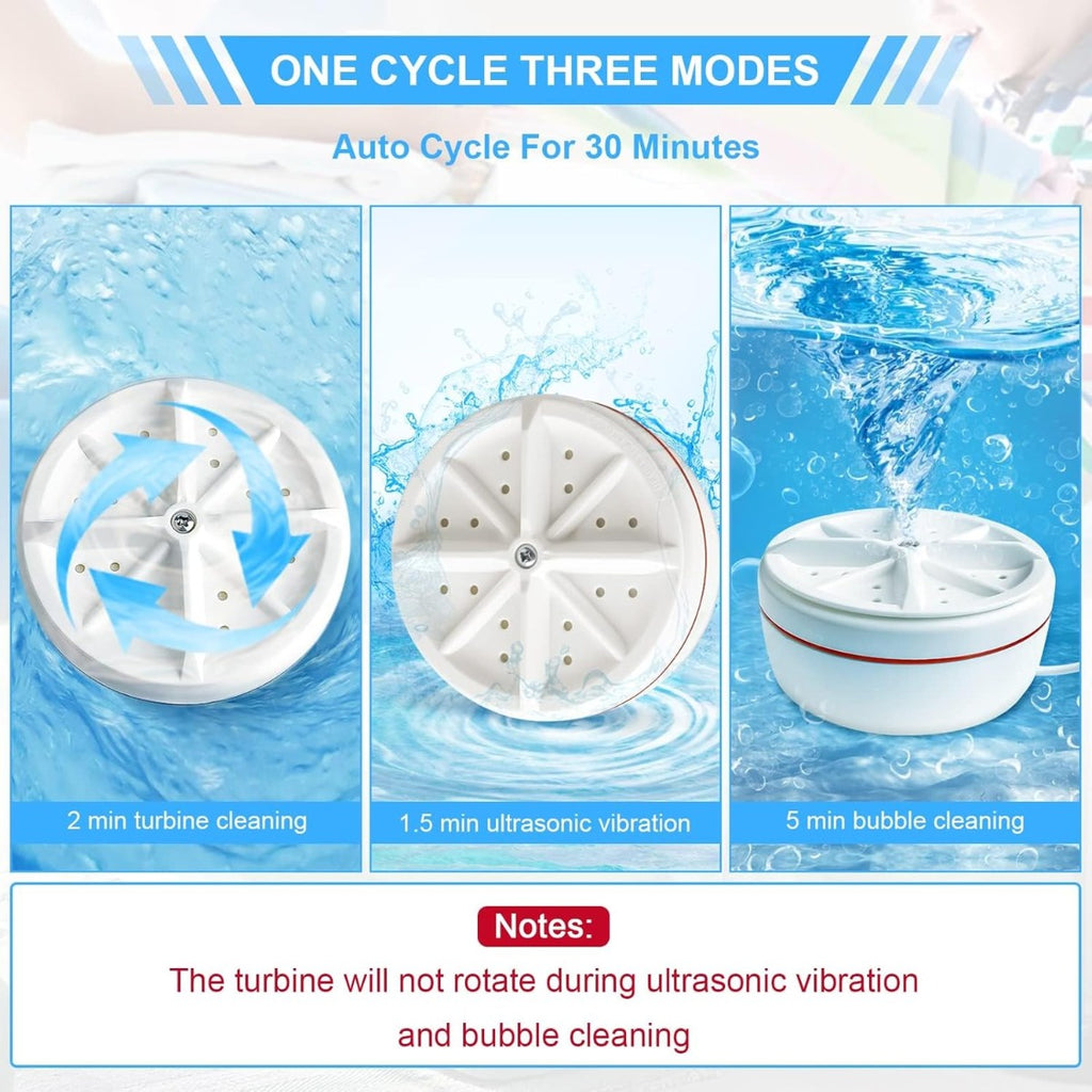 Mini lavatrice portatile ad ultrasuoni bianca con vasca e getti d'acqua blu