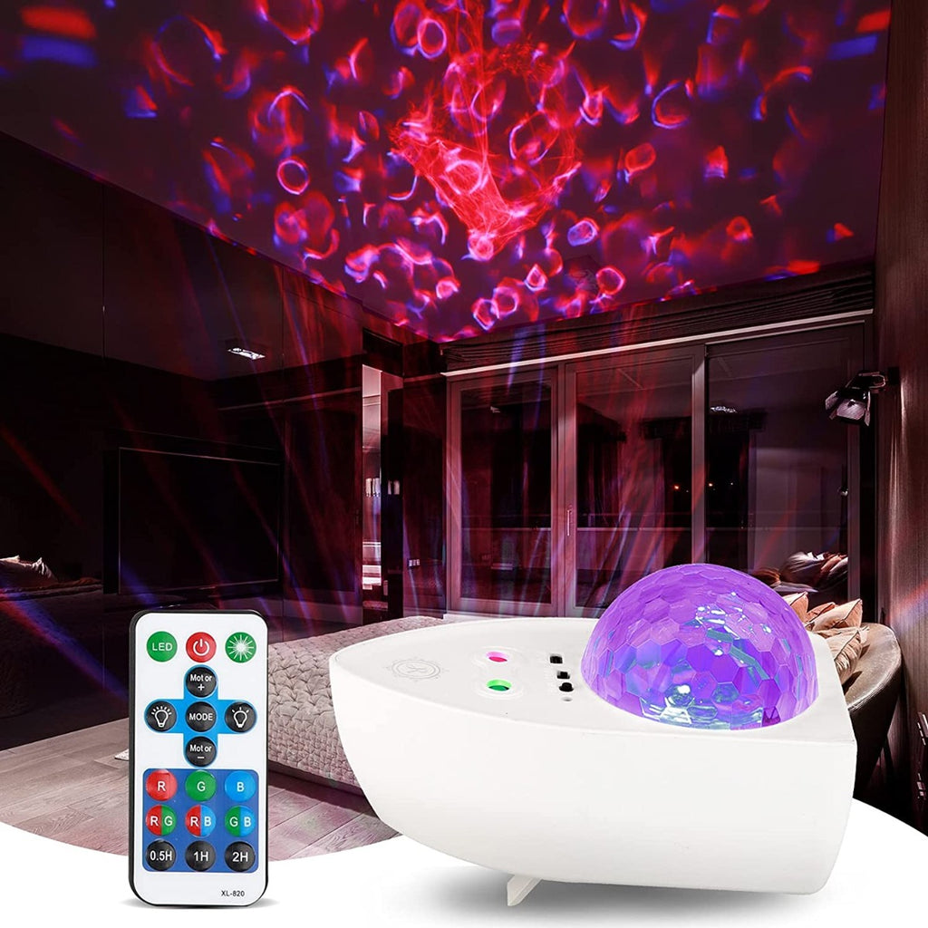 Proiettore laser a forma di barca bianco con luce viola e fasci stellari sul soffitto