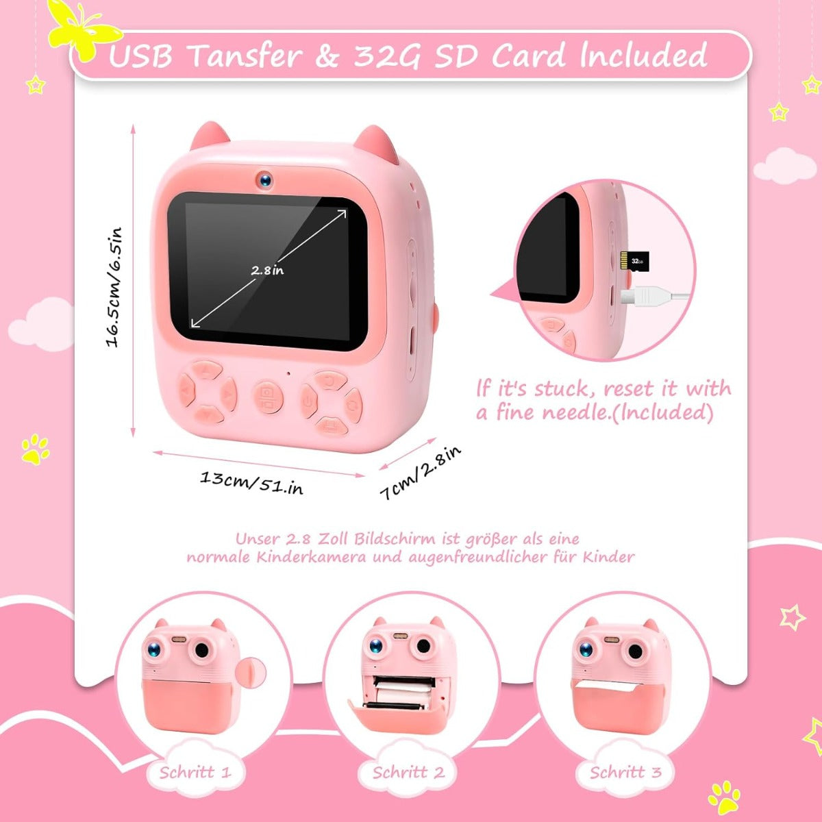 Fotocamera istantanea per bambini rosa a forma di gatto con schermo e tasto sul fianco