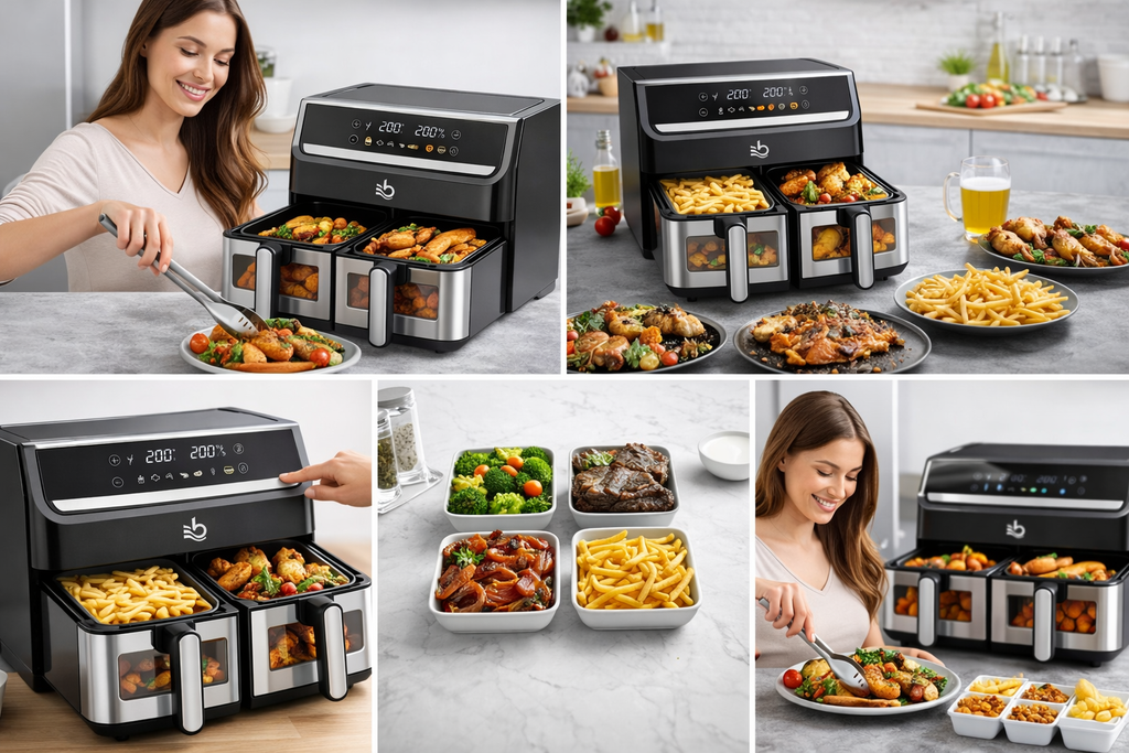 Friggitrice ad aria a doppio cestello con alimenti nei cestelli, patatine e pollo