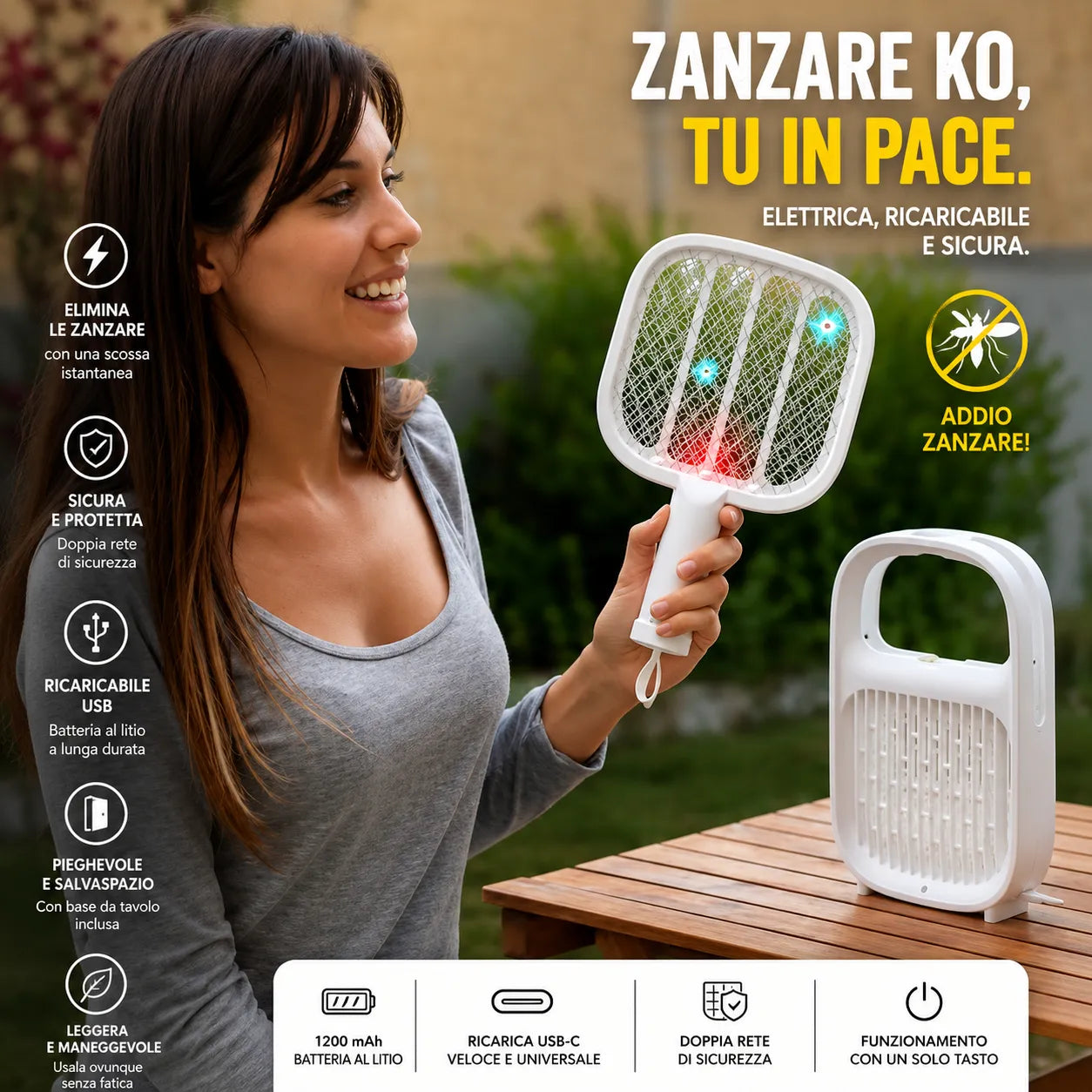 Racchetta elettrica antizanzare bianca con luce blu e unità ricaricabile a lato