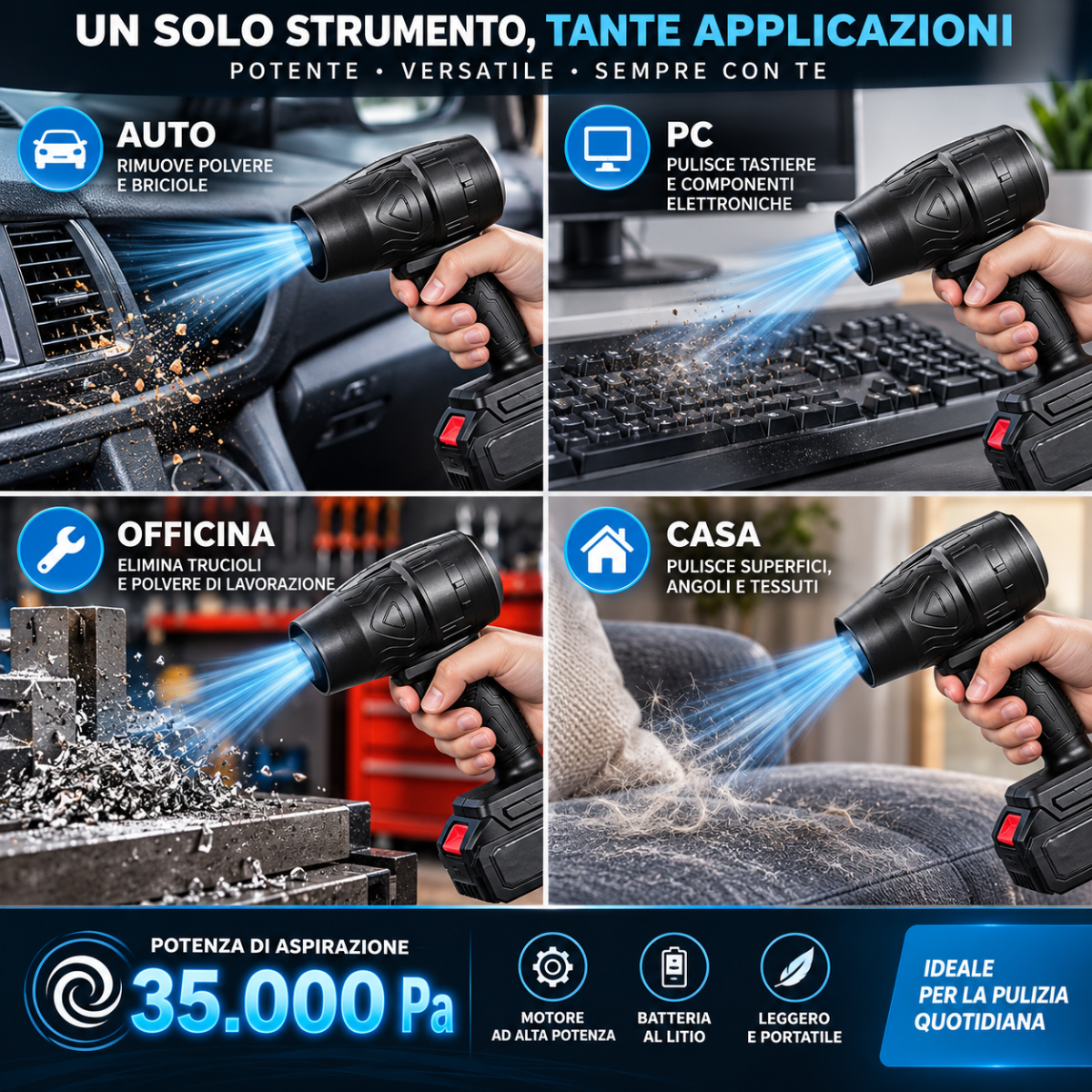Soffiatore cordless nero tenuto in mano per pulizia di superfici e tastiere