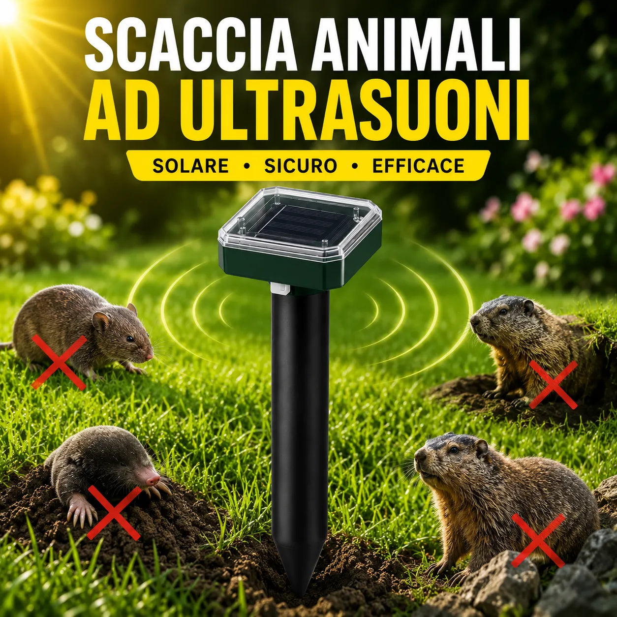Dissuasore solare a ultrasuoni con paletto nero e testa trasparente con pannello