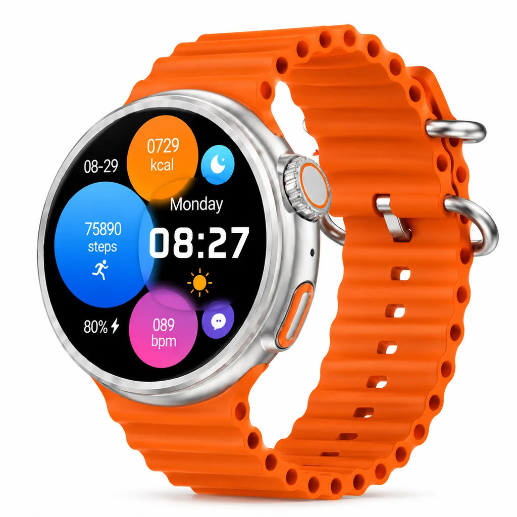 Smartwatch con cinturino arancione, quadrante con icone attività e ora