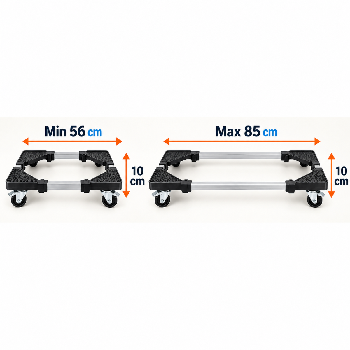 Piattaforma regolabile: min 56 cm, max 85 cm, altezza 10 cm, 4 ruote