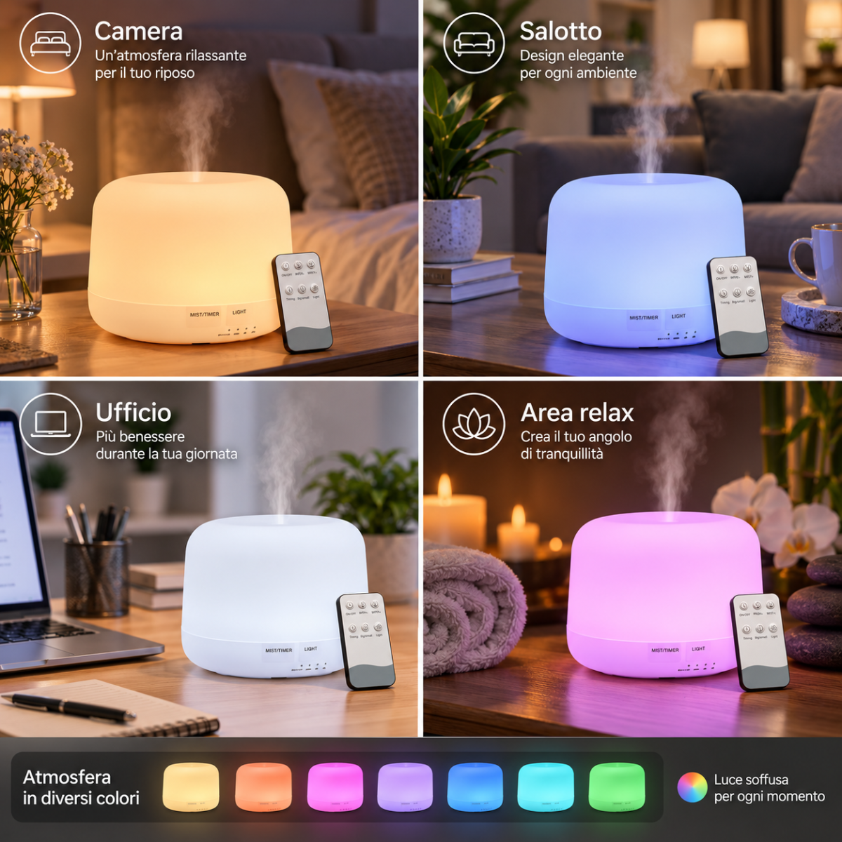 Diffusore aromi a ultrasuoni con luce LED multicolore e telecomando