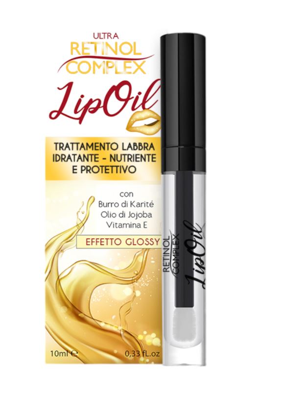 Olio labbra glossy al retinolo, flacone trasparente con tappo nero, 10 ml