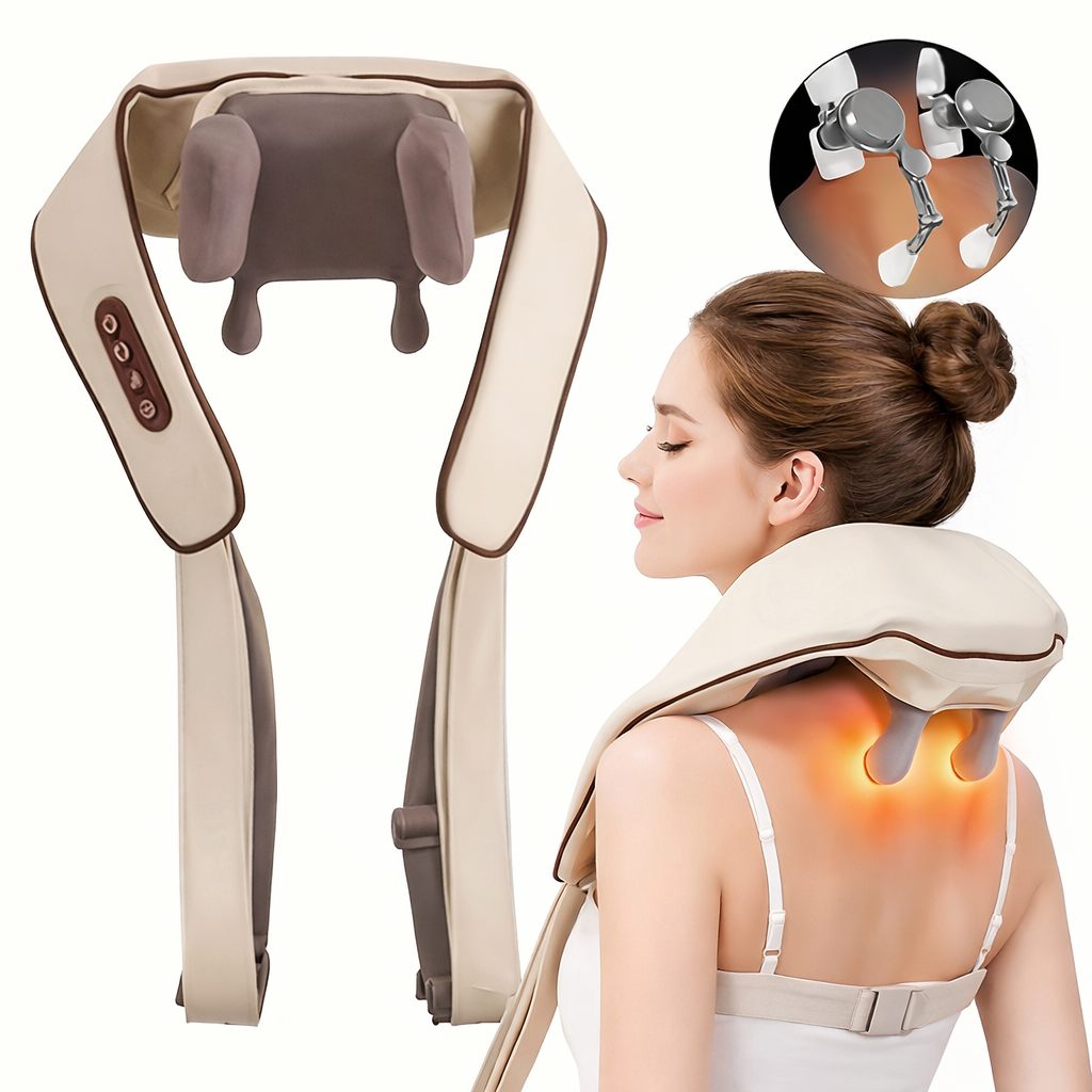 Massaggiatore elettrico per collo e spalle beige con bracci e cuscini in rilievo
