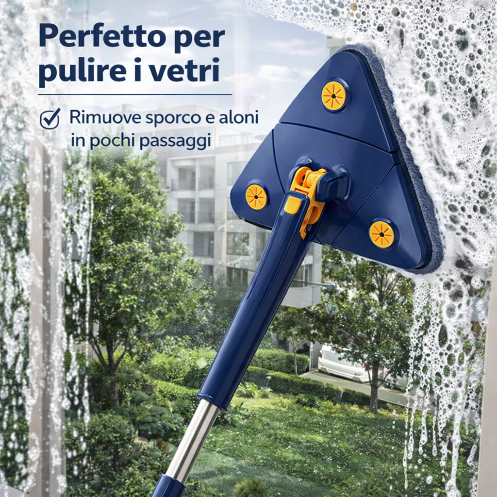 Mocio triangolare rotante con panno e spruzzo d’acqua per superfici vetrate