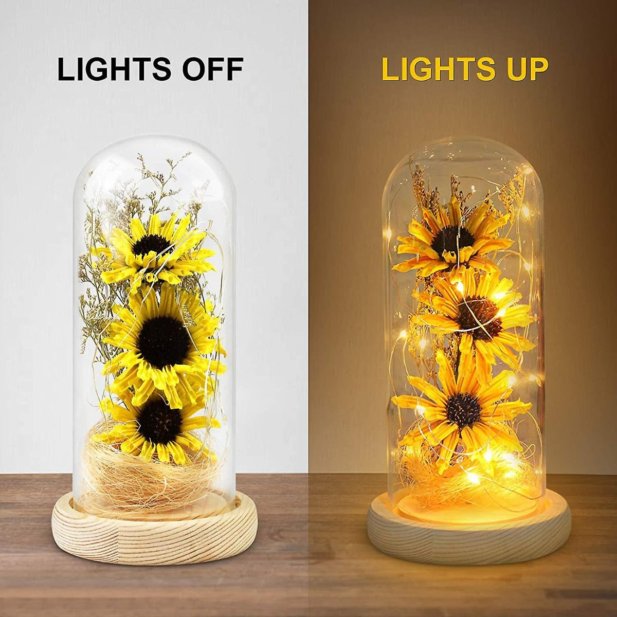 Cupola di vetro con girasoli artificiali gialli: luci LED accese e spente