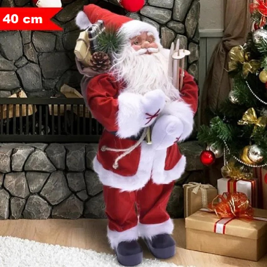 Decorazione Babbo Natale tessuto 40 cm: rosso e bianco, barba bianca, candele
