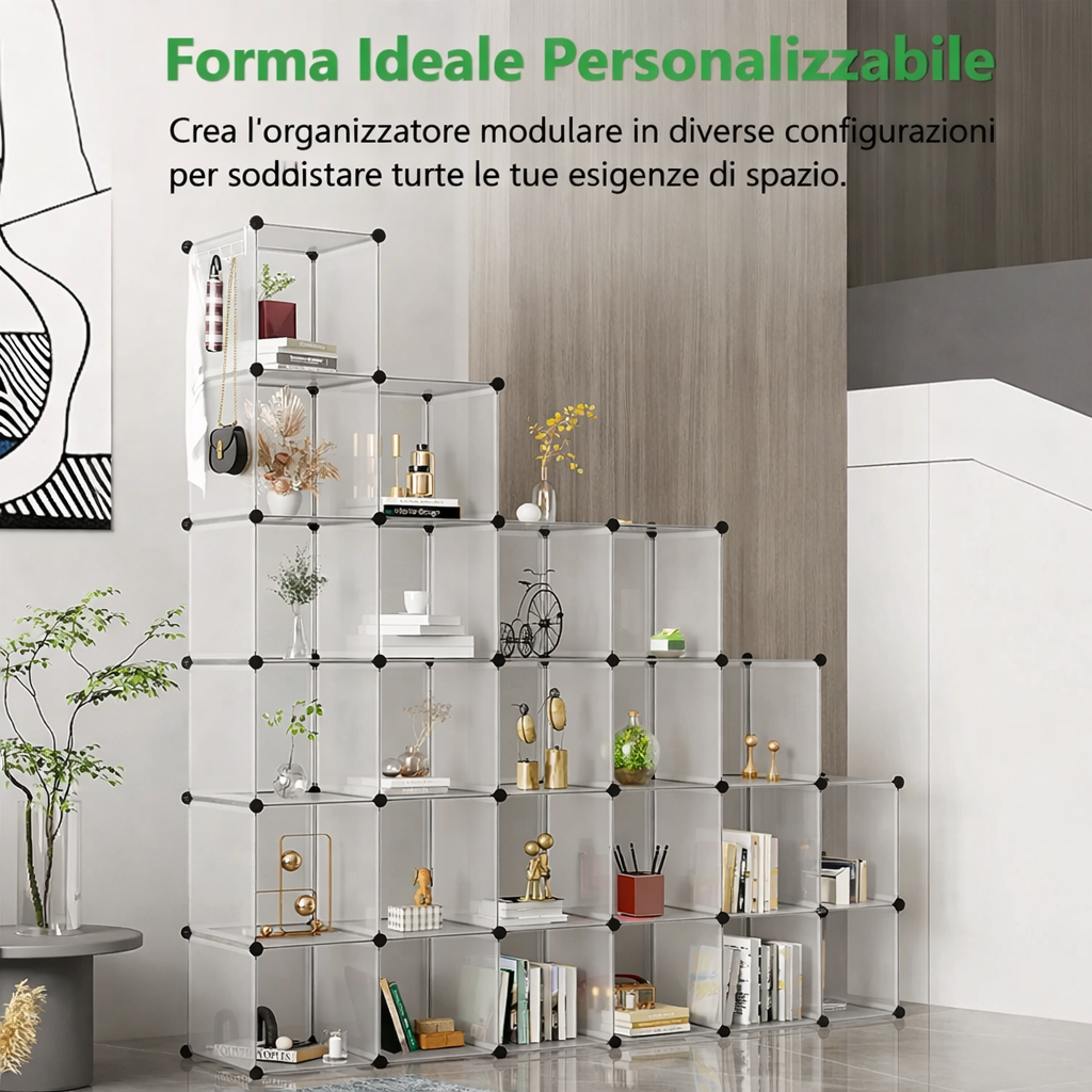 Libreria Modulare Trasparente 20 Cubi – Scaffale Componibile con Connettori Rinforzati – Mobile Multiuso per Studio, Soggiorno, Ufficio