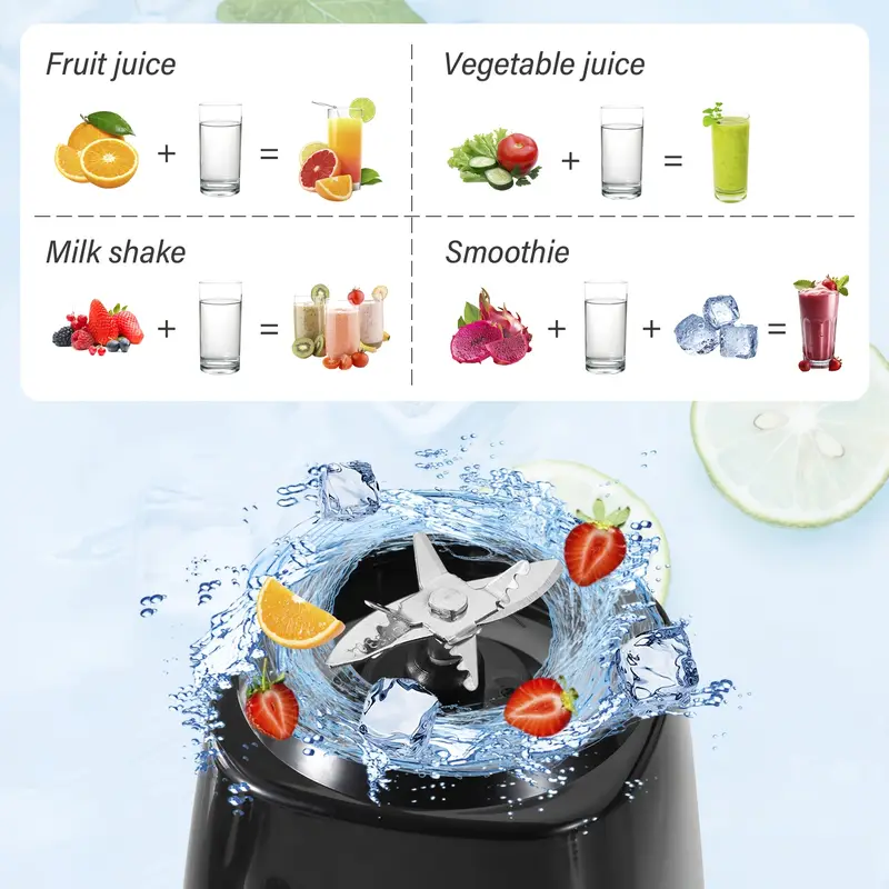 Frullatore portatile: base nera con lame in acciaio e caraffa di vetro