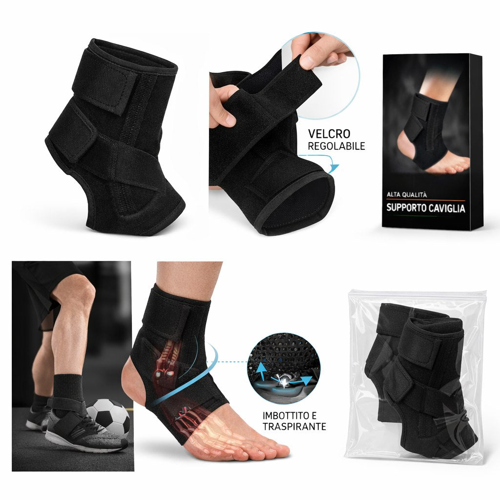 Tutore caviglia nero con chiusura a velcro regolabile, doppia fascia.