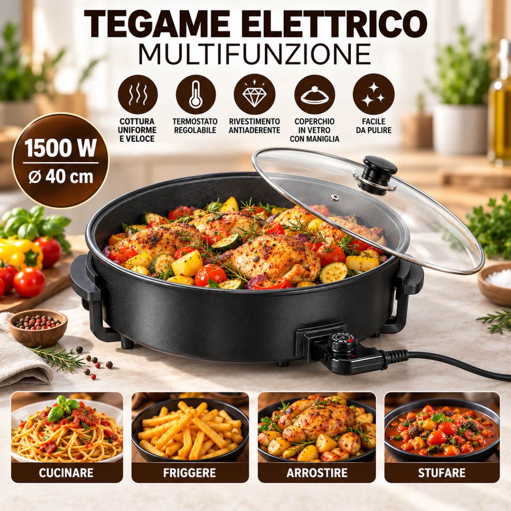 Padella elettrica multifunzione antiaderente nera con coperchio in vetro