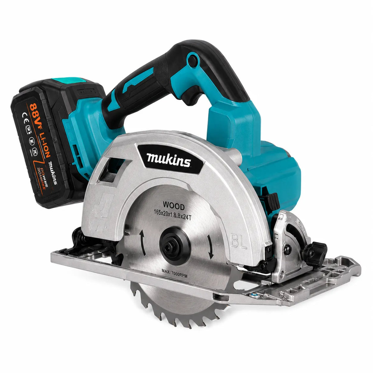 Sega circolare cordless blu e nera con lama e impugnatura laterale