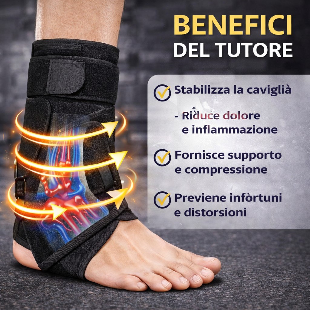 Tutore caviglia nero indossato su piede, fascia regolabile in velcro