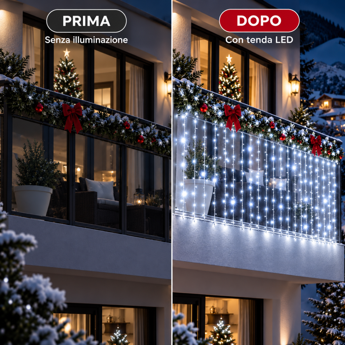 Tenda LED a cascata bianco freddo con fili verticali, per balcone