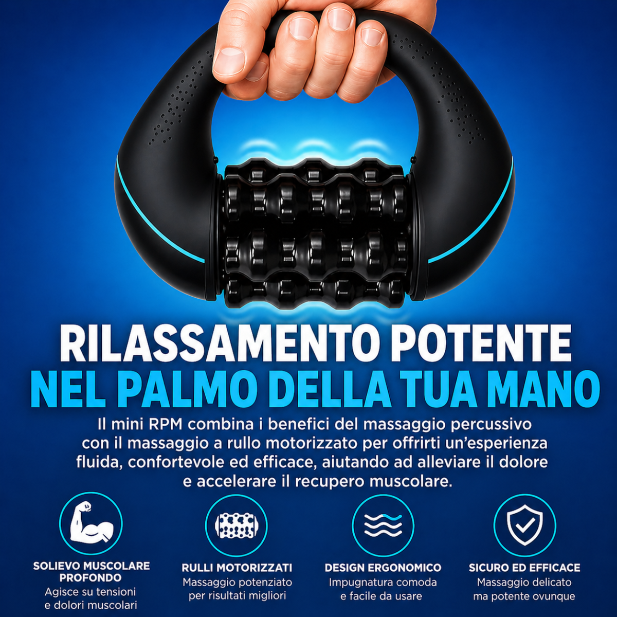 Massaggiatore muscolare elettrico nero a rulli percussivi con maniglia ergonomica.