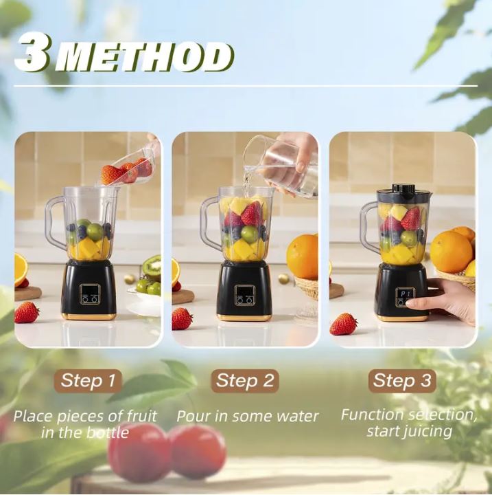 Frullatore portatile USB nero con caraffa trasparente e frutta dentro