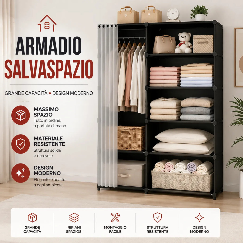 Armadio Guardaroba Salvaspazio con Tenda Scorrevole 155x80x28 cm – Organizzatore Multiuso per Camera, Cameretta e Lavanderia