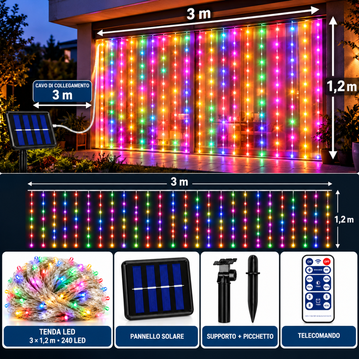 Luci a tenda LED multicolore da giardino con lunghezze 3 m e 1,2 m