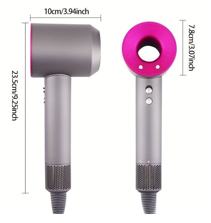 Asciugacapelli compatto grigio con anello viola, vista dimensioni