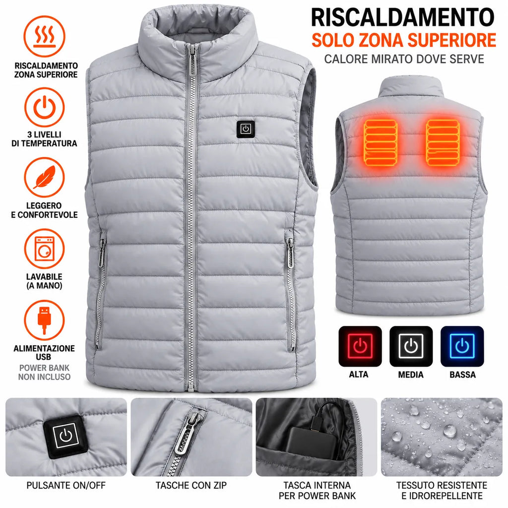 Gilet riscaldante unisex grigio imbottito con cappuccio, zip e pannelli calore su parte alta